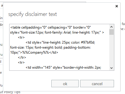 Exchange Online mail flow rules: specify disclaimer text window