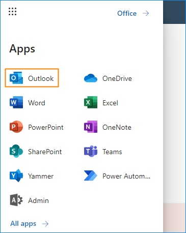 E-Mail-Option im oberen Menü von Office 365