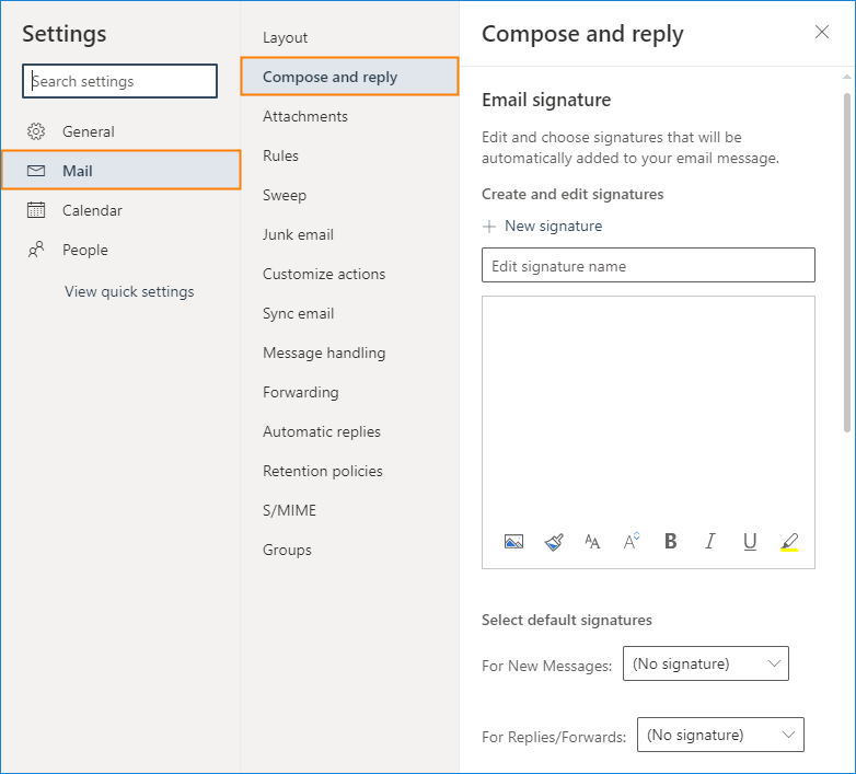 Editor für E-Mail-Signaturen im Outlook im Web