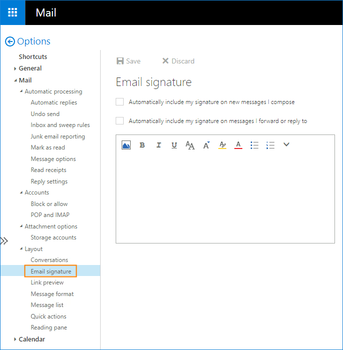 Exchange 2016 OWA - Editor für E-Mail-Signaturen