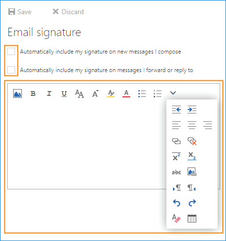 Verwenden Sie verfügbare Formatierungstools, um Ihre E-Mail-Signatur in Outlook im Web zu erstellen