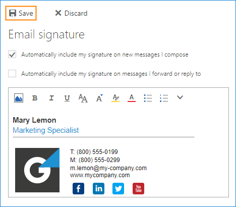 Klicken Sie auf die Schaltfläche Save, um alle Änderungen an Ihrer E-Mail-Signatur zu übernehmen.