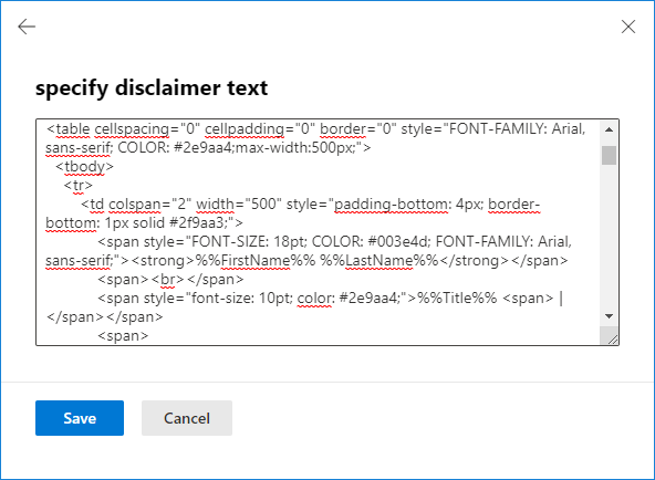 Bereich specify disclaimer text