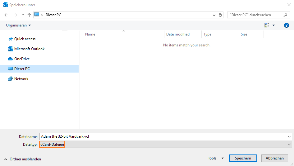 Outlook-Kontakt als vCard speichern - VCF-Format