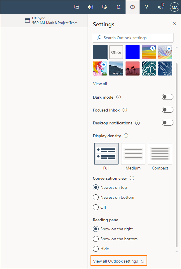 In Office 365 auf Optionen für Outlook im Web gelangen