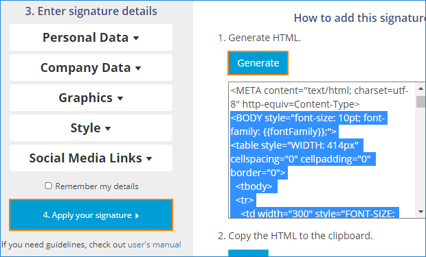 HTML-Code der Signatur generieren