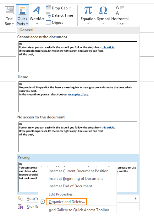 Schnellbausteine in Outlook - Organisieren und Löschen