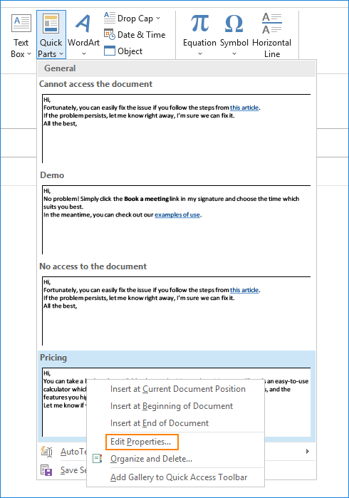Schnellbausteine in Outlook - Eigenschaften bearbeiten