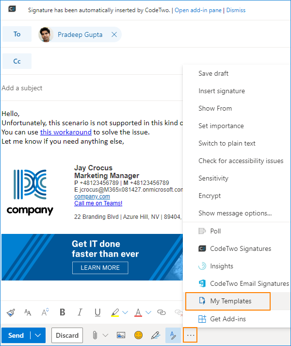 Outlook im Web – Schaltfläche My Templates