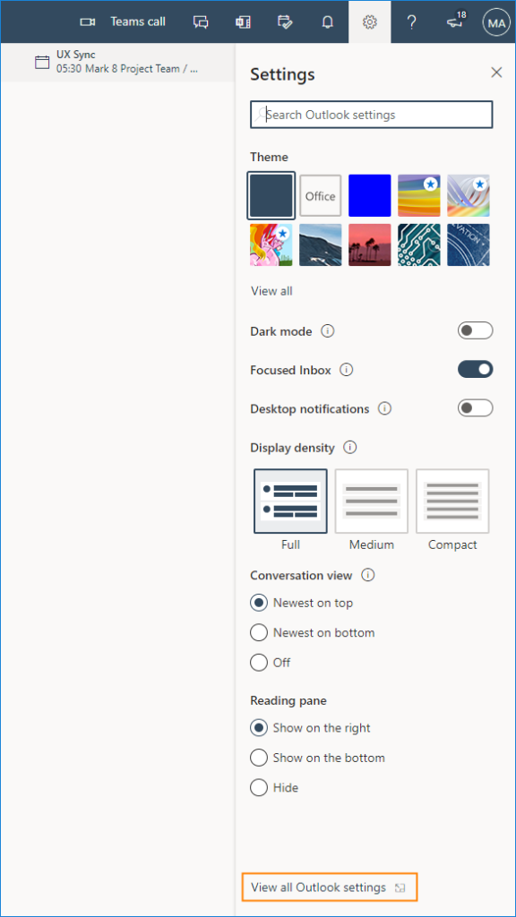 Öffnen des Einstellungsmenüs von Outlook im Web