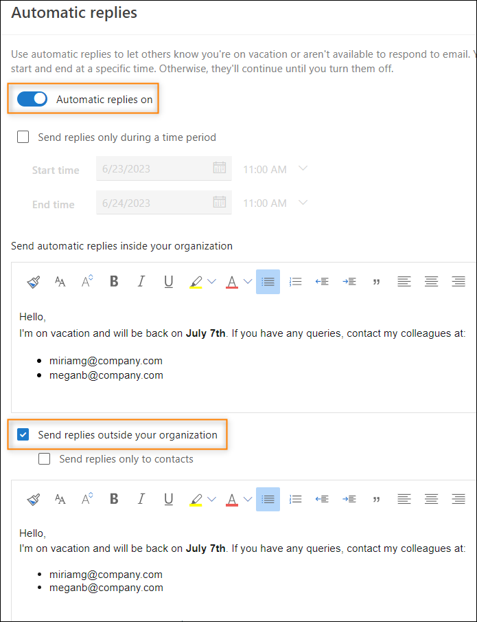 Konfigurieren der Abwesenheitsantwort in Outlook im Web (OWA).