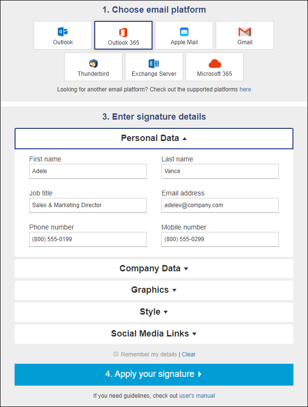 Grundlegende Optionen im kostenlosen E-Mail-Signaturgenerator auf mail-signatures.com