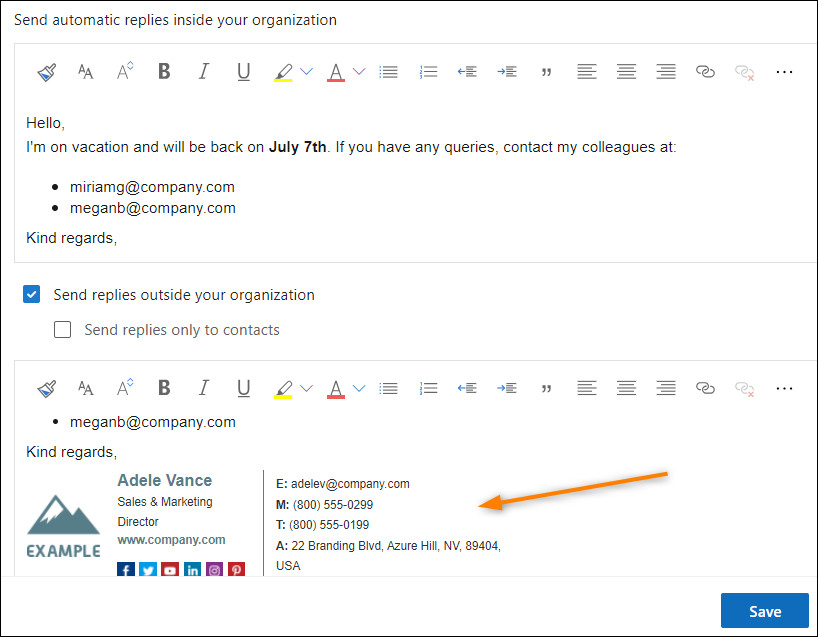 Hinzufügen einer gebrandeten E-Mail-Signatur zur Abwesenheitsnachricht in Outlook im Web (OWA).