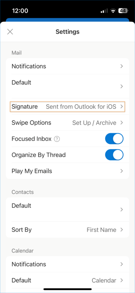 Outlook für iOS – Optionen