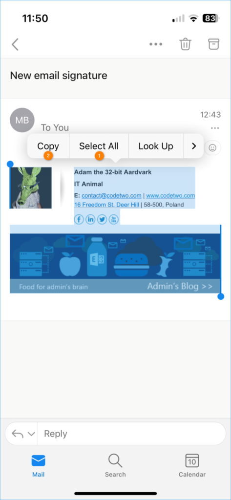 Outlook für iOS – Kopieren der Signatur