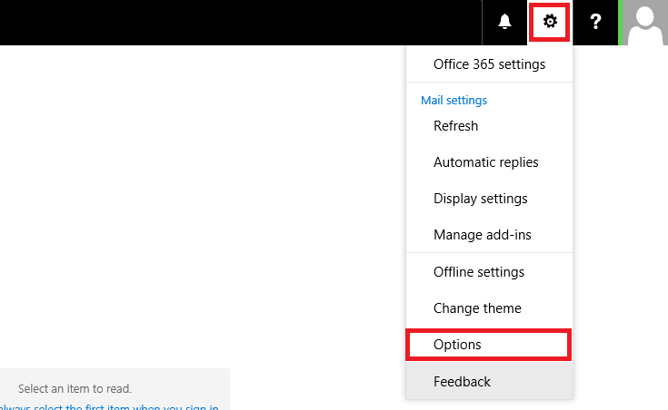 Accessing Office 365 Outlook Web App options