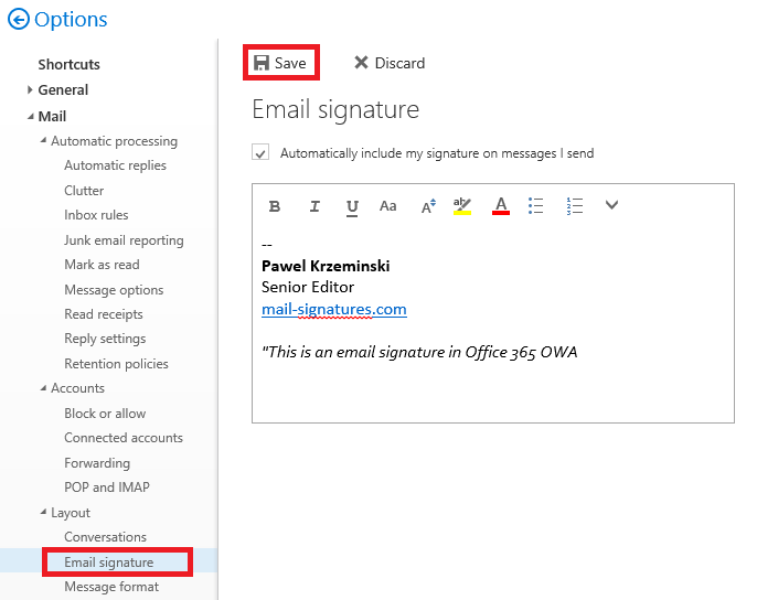 how to add a signature in outlook to every email