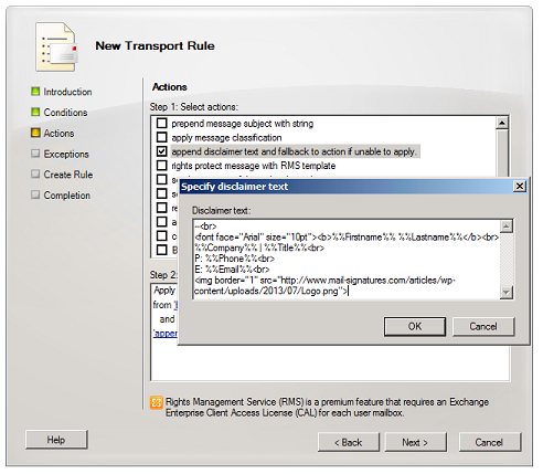 HTML source of a disclaimer including Active Directory variables and an image