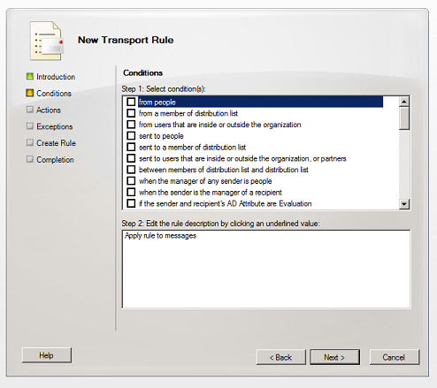 Defining conditions for a transport rule