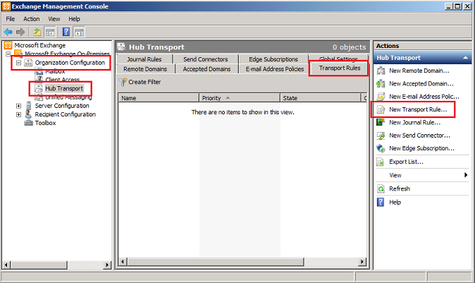 Transport Rules tab in the Exchange Management Console