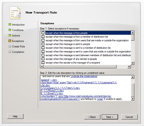Defining exceptions to a transport rule