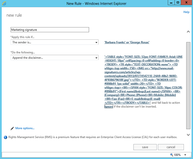 An automatic disclaimer set up for two Exchange 2013 users