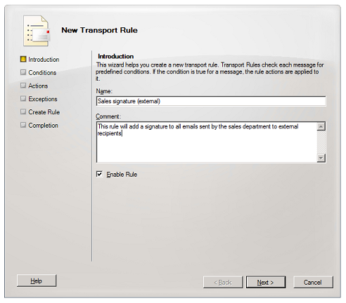 New Transport Rule creation wizard