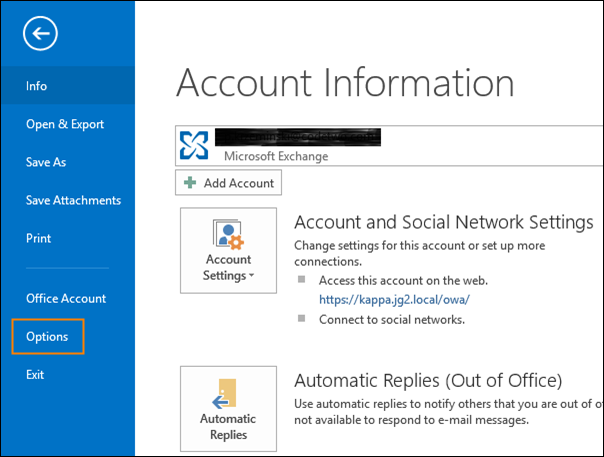 Options button in Outlook 2013 Backstage view