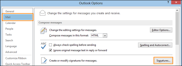 Outlook Options – Signature button in the Mail tab