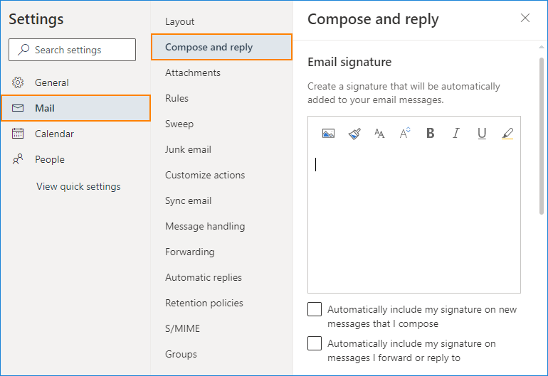 Outlook on the web email signature editor