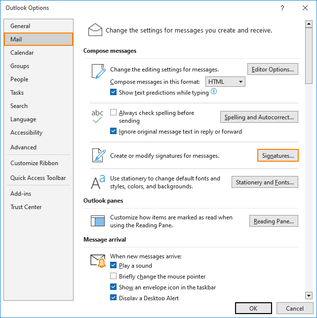 Outlook for Windows signature options