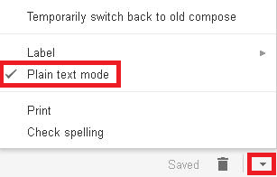 Plain text mode and the More options arrow in the Gmail message composer