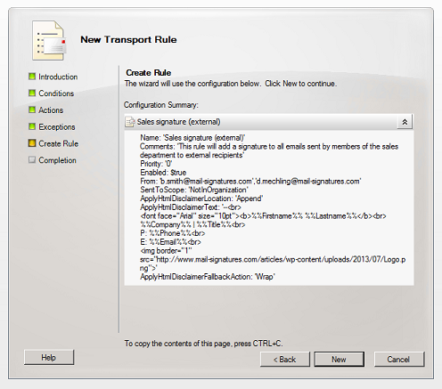 Final step - rule summary and PowerShell script