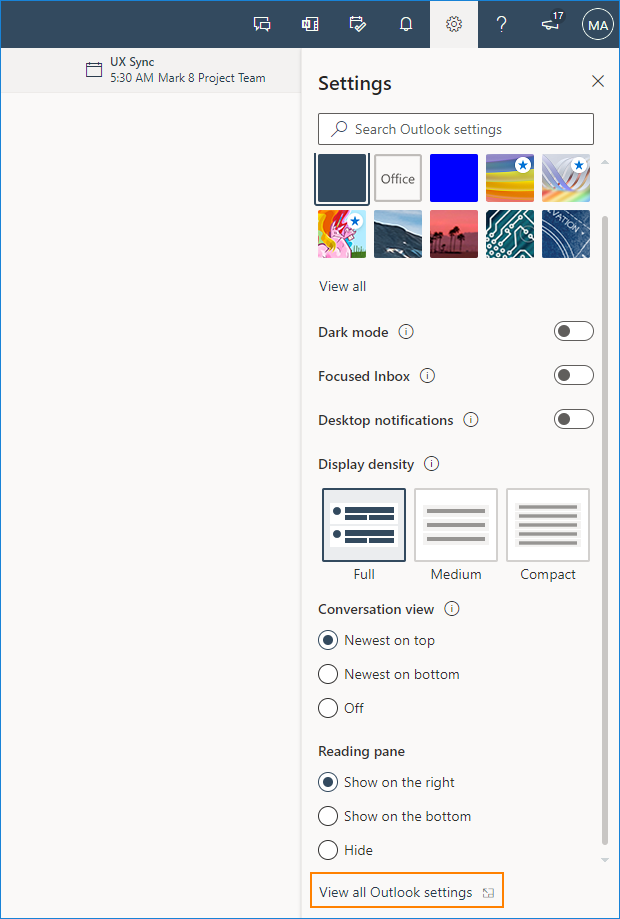 Accessing Office 365 Outlook on the web options