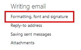 Formatting, font and signature option in Outlook.com settings panel