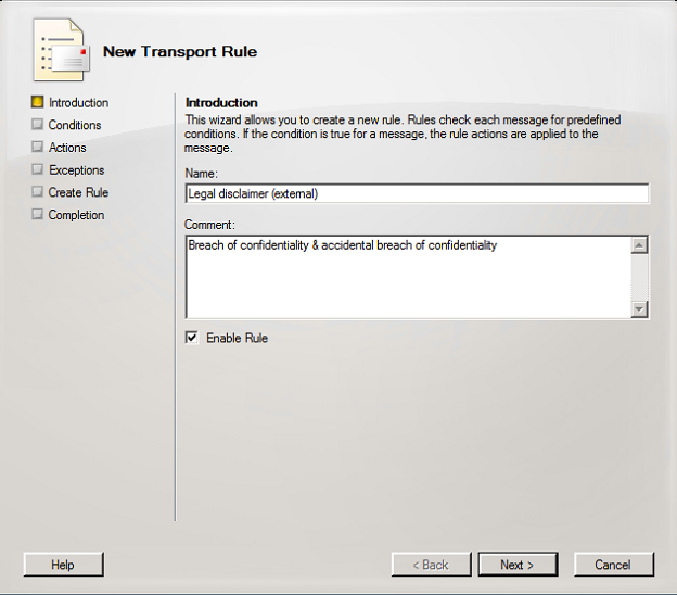 New Transport Rule: name and description