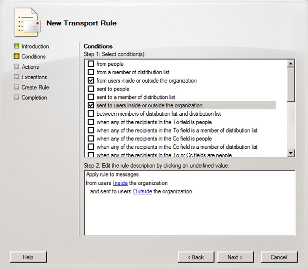 Specifying new transport rule conditions