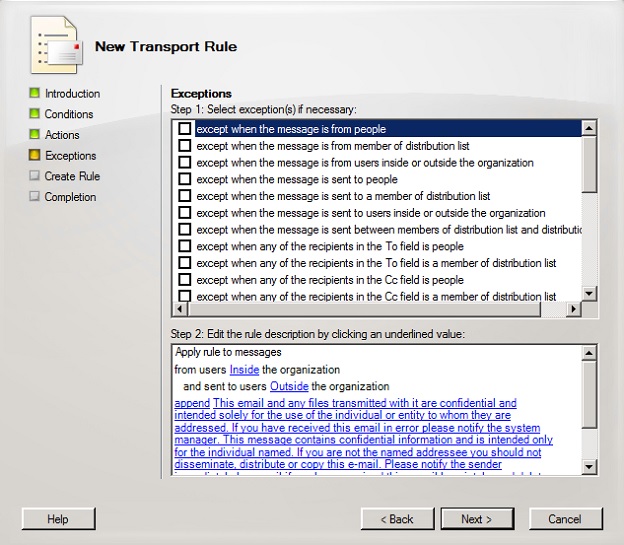 Defining exceptions in a new Exchange 2007 transport rule