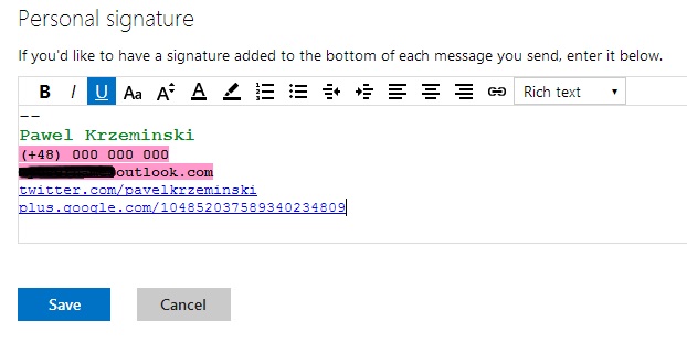 A rich text signature created in Outlook.com