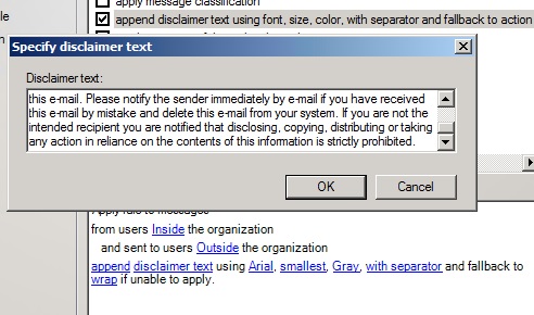 Specifying disclaimer text on Exchange 2007