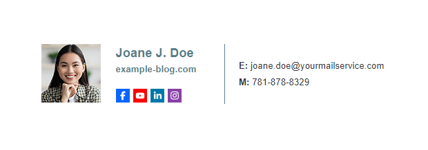 Example of private email signature with user photo and social media icons