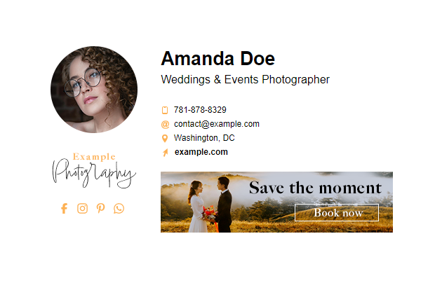 Example of personal email signature with personal brand logo, social media icons and advertising banner