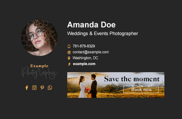 Example of personal brand email signature displayed in dark mode