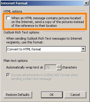 Outlook 2003: Internet Format, When and HTML message contains pictures