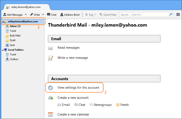 View settings for a selected email account