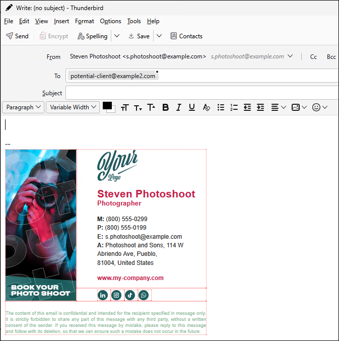 Sample Thunderbird email signature with visible red borders