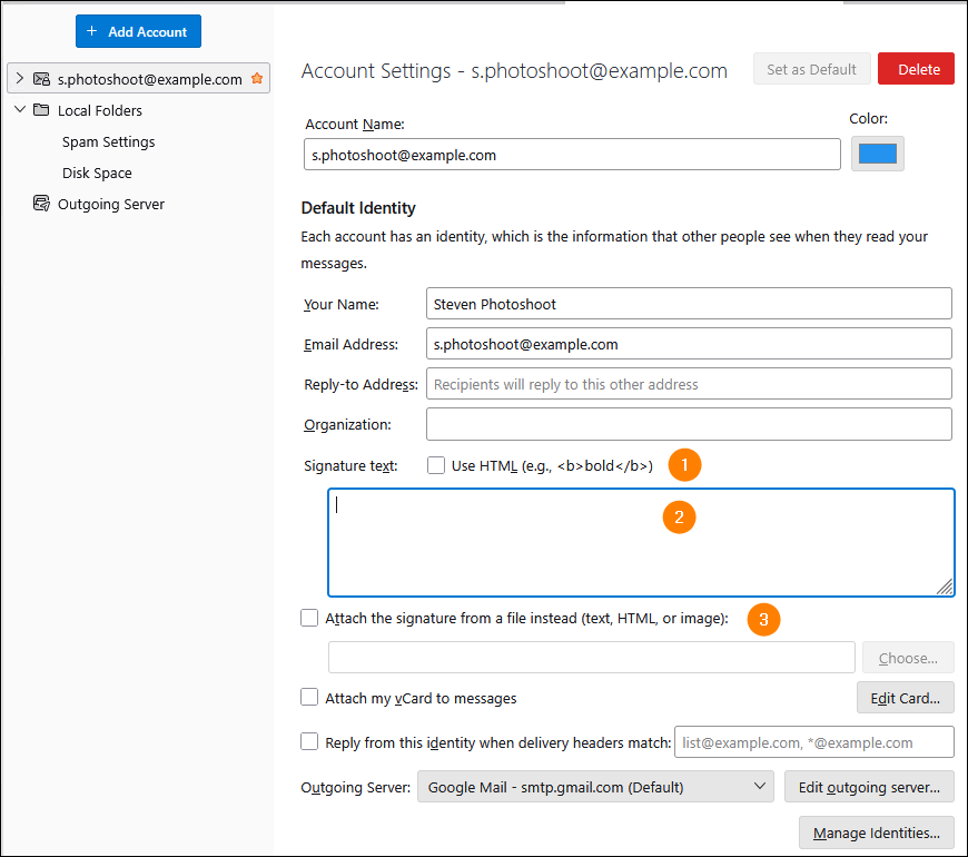 Thunderbird signature settings
