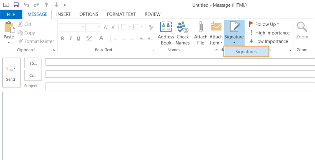 Accessing email signature settings in Outlook 2013