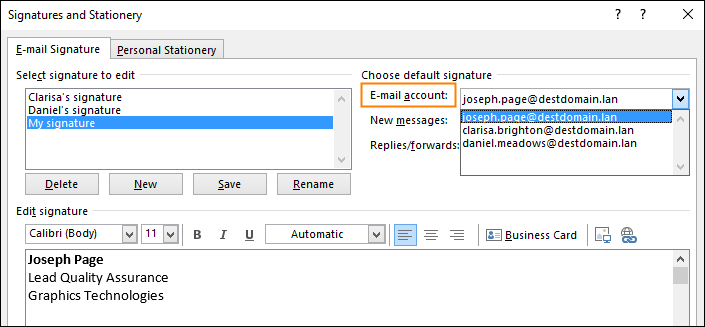Choosing an email account for email signatures in Outlook 2013
