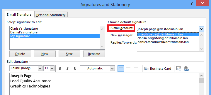 an email account for default signature setup. 